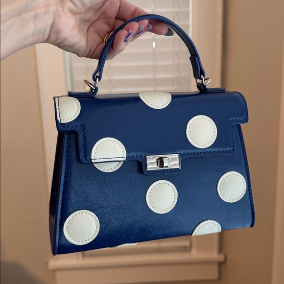 Anthropologie Handbags - Melie Bianco Anthropologie Navy Blue Mini Top-Handle Bag with Cream Polka Dots